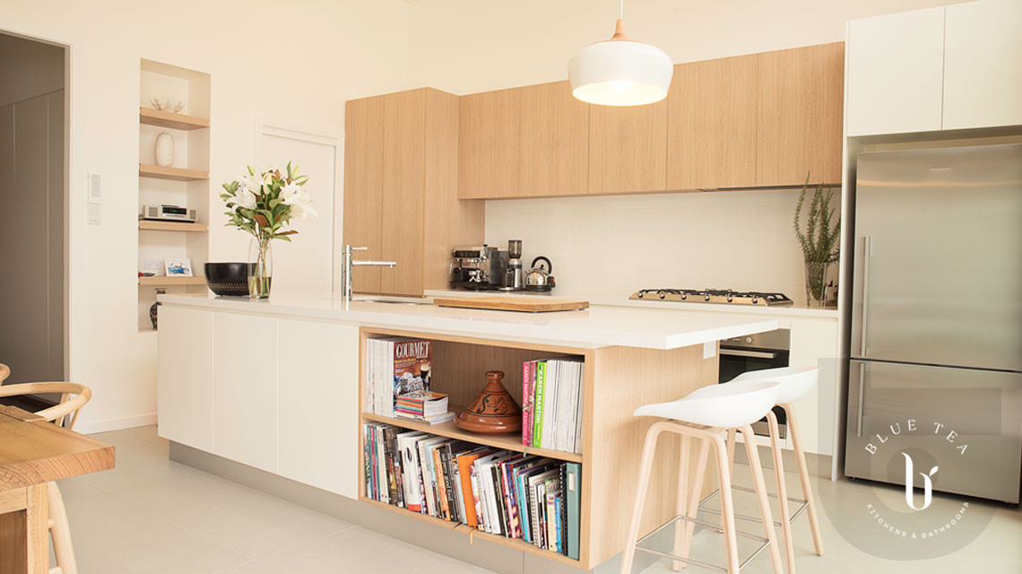 Coogee kitchen design featuring a Scandinavian kitchen with warm timber tones and white cabinetry.