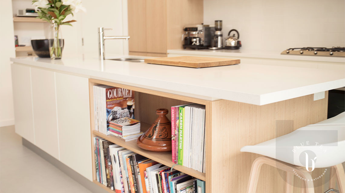 Scandinavian Kitchen Design in Coogee, Sydney featuring timber and white cabinetry with open shelves in the island.