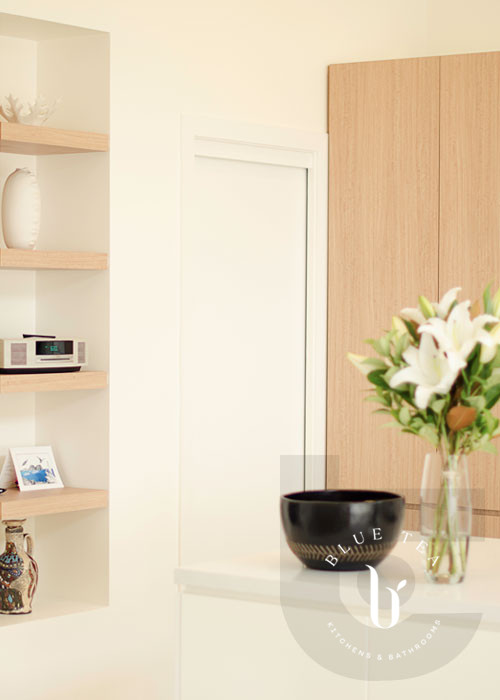 Open timber shelves in Scandinavian kitchen design, Coogee.