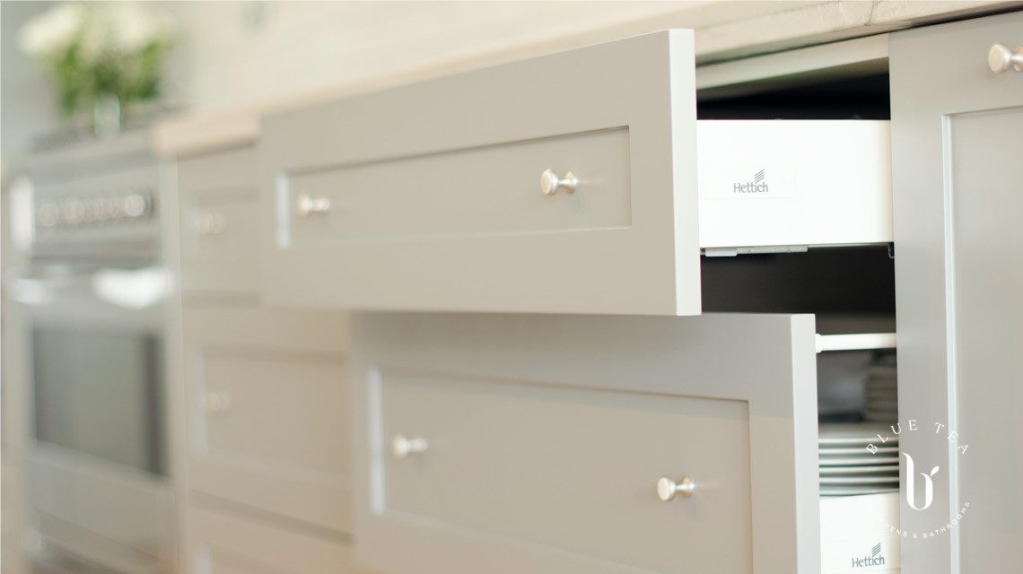 open shaker drawers in hamptons kitchen, Kensington.