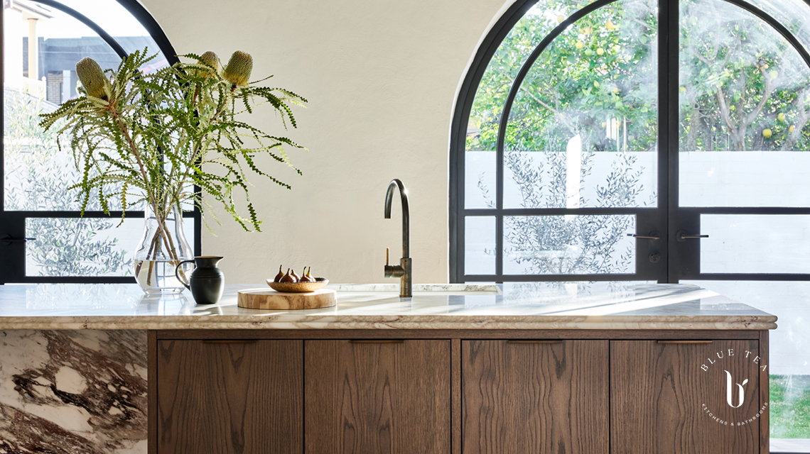Timber kitchen with marble island