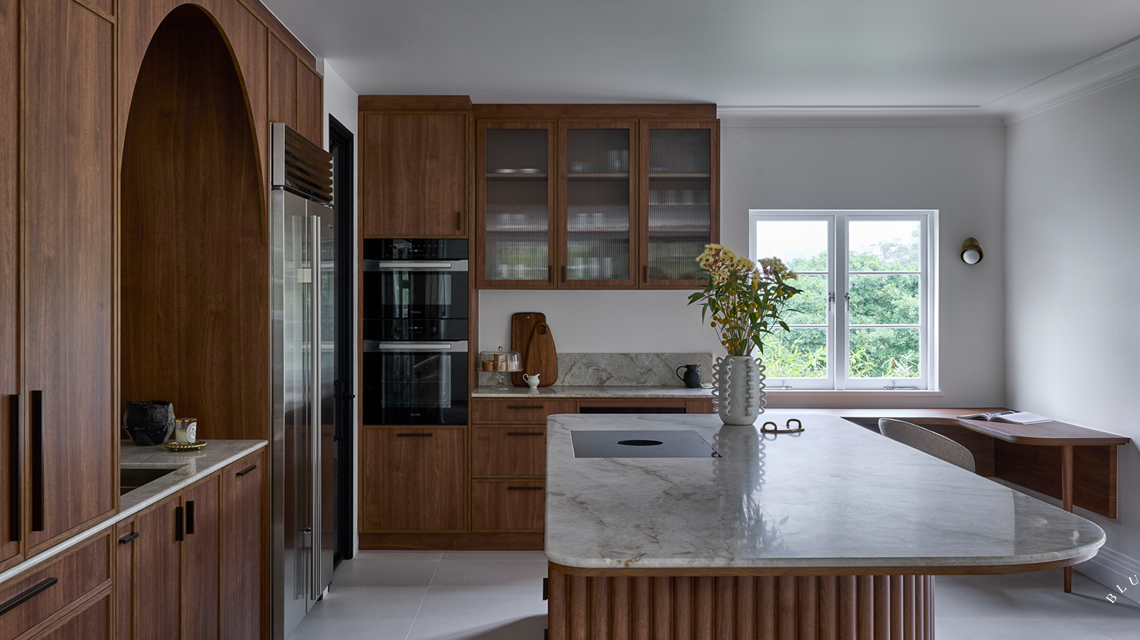 ribbed glass doors in our timber Mosman kitchen
