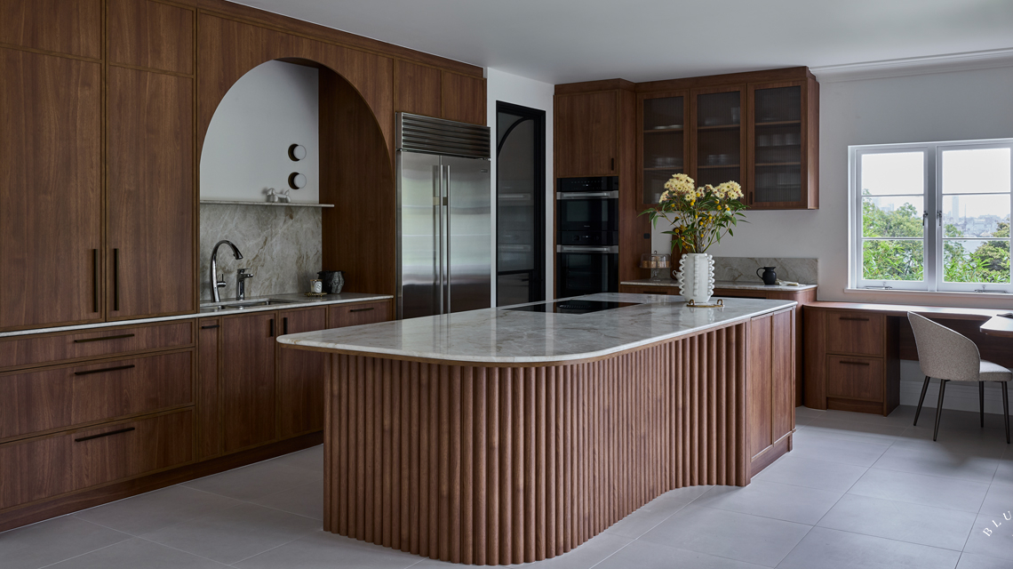 Curved and ribbed island, ribbed glass doors and a curved back wall in our Mosman kitchen.
