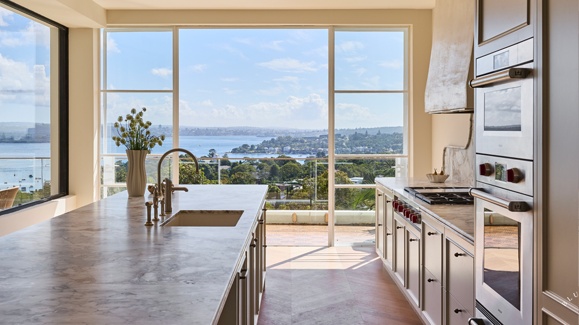 Waterviews at our Vaucluse project featuring detailed cabinetry and stunning marble.